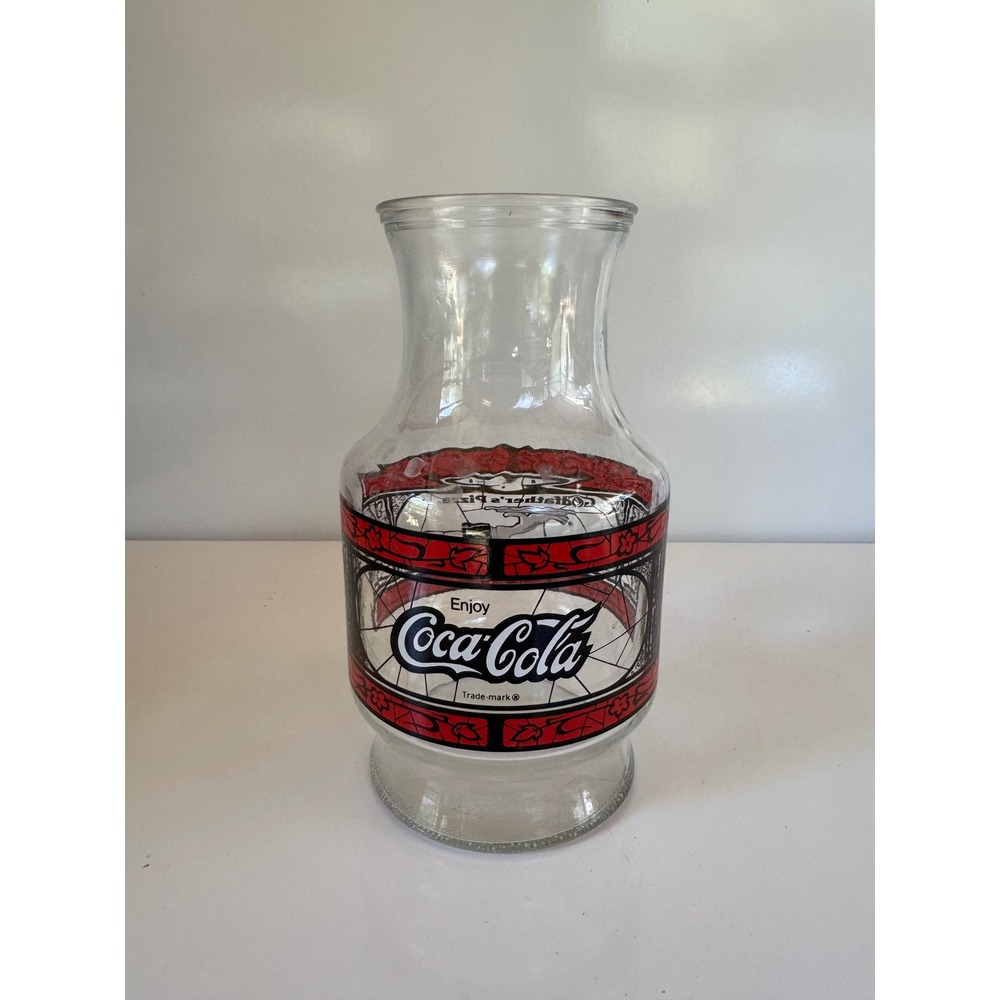 Vintage Coca-Cola Godfathers Pizza Glass Carafe Stained Glass Pitcher 8.5in